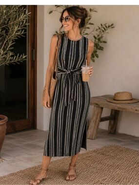 LOFT | Dresses | Lou Grey Loft Midi Dress Size M Neutral Stripe With Green  Pink | Poshmark